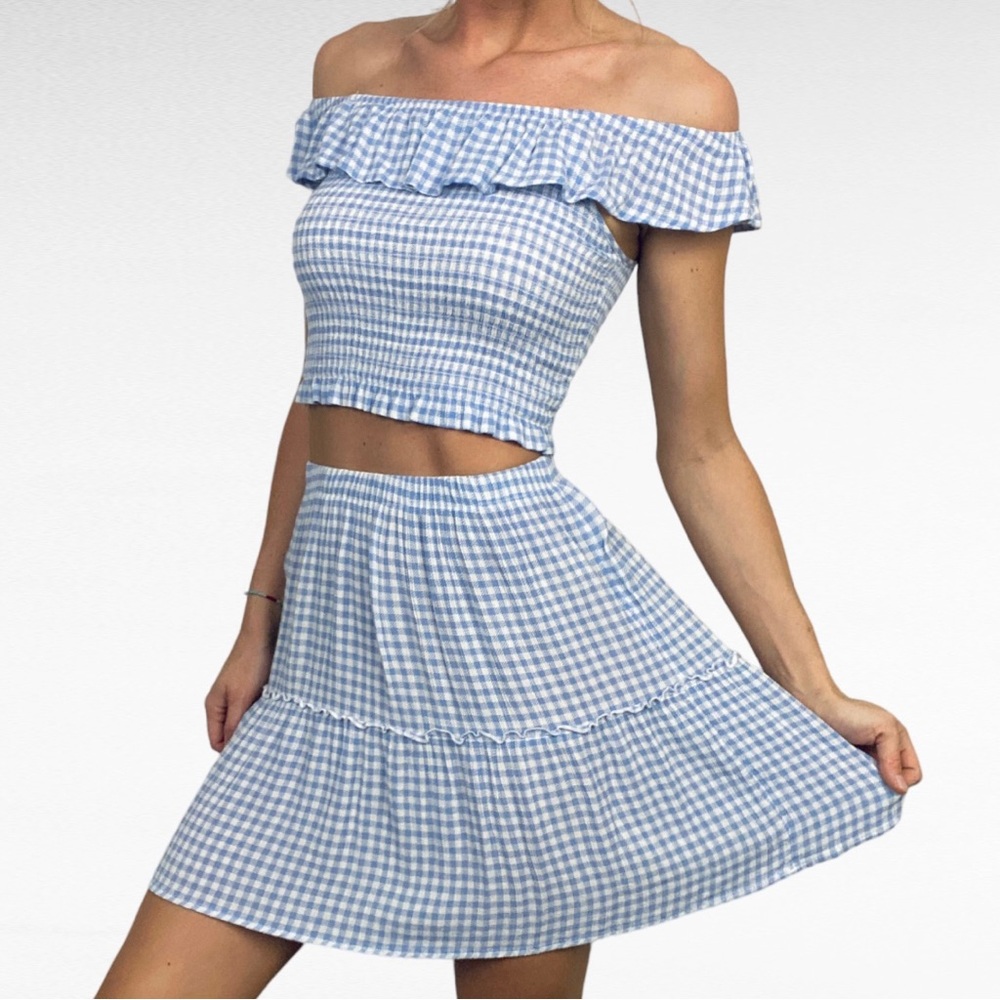 Hippie Rose | Blue & White Gingham Smocked Ruffled Crop Top & Tiered Skirt Set